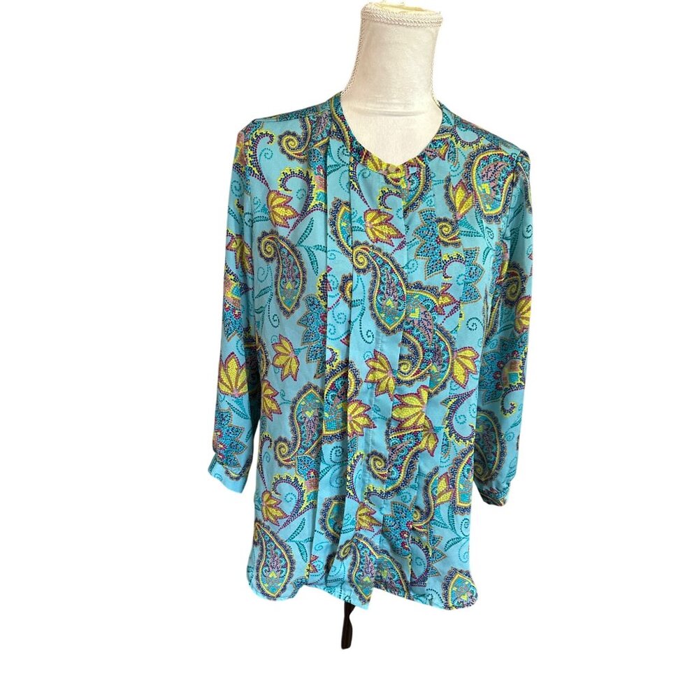 Vintage Liz Claiborne Blouse Pleated Paisley Print Cottagecore Button Up Sz M